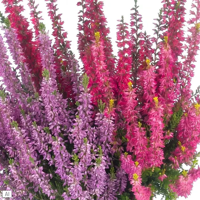 Piardino Besenheide Trio - Calluna vulgaris Trio, Topfgröße: 11 cm, Dreifarbig - Lebendige rosa und lila Heideblüten mit grünem Laub und kleinen gelben Akzenten.