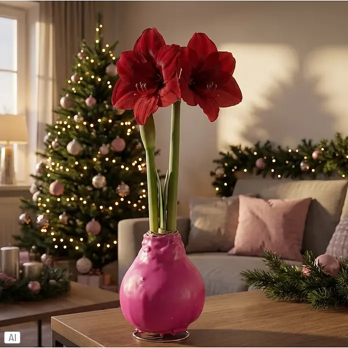 Piardino Amaryllis No Water Flowers Waxz® - Hippeastrum, Farbe Arrangement: Pink, Blütenfarbe: Rot - Rote Amaryllis mit grünen Stielen in einer leuchtend pinken Zwiebelvase auf einem Holztisch, Teil festlicher Weihnachtsdeko.