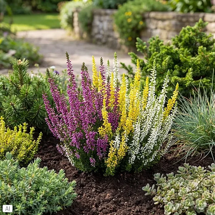 Piardino Besenheide Trio - Calluna vulgaris Trio, Topfgröße: 11 cm, Dreifarbig - Eine lebendige Heidepflanze mit lila, gelben und weißen Blüten in einem Gartenbeet, umgeben von Grünpflanzen und einem Pfad.
