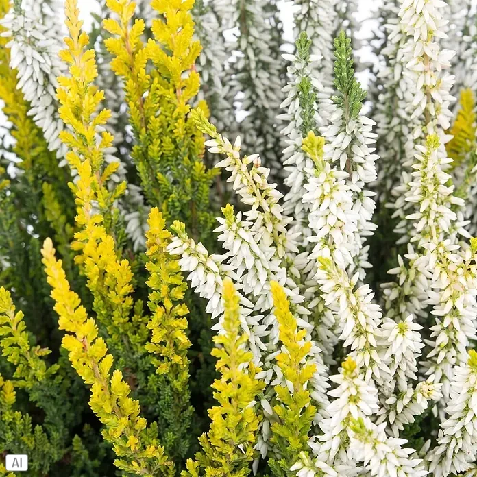 Piardino Besenheide Trio - Calluna vulgaris Trio, Topfgröße: 11 cm, Dreifarbig - Leuchtend gelbe und weiße Heidepflanzen mit kleinen, dichten Blüten.