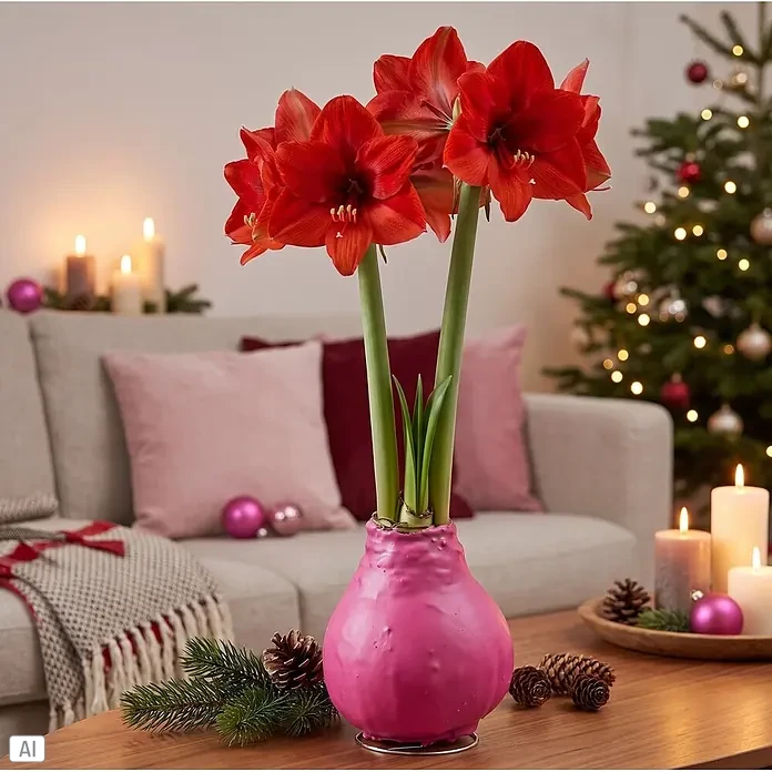 Piardino Amaryllis No Water Flowers Waxz® - Hippeastrum, Farbe Arrangement: Pink, Blütenfarbe: Rot - Rote Amaryllisblüten in einer rosafarbenen Wachszwiebel, eine festliche Pflanze auf einem gemütlichen Wohnzimmertisch.