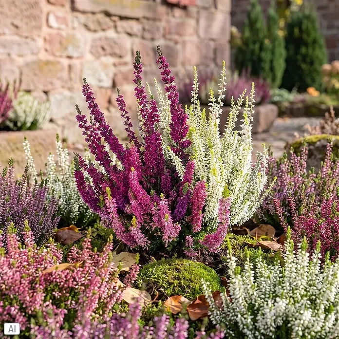 Piardino Besenheide Trio - Calluna vulgaris Trio, Topfgröße: 11 cm, Dreifarbig - Heidekrautpflanzen in verschiedenen Rosa-, Lila- und Weißtönen in einem Garten.