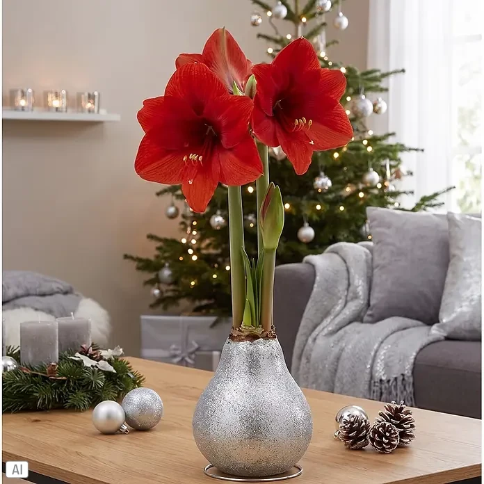 Piardino Amaryllis No Water Flowers Glitterz® - Hippeastrum, Farbe Arrangement: Silber Glitter, Blütenfarbe: Rot - Rote Amaryllis in einer glitzernden silbernen birnenförmigen Vase, als Weihnachtsdekoration auf einem Holztisch.