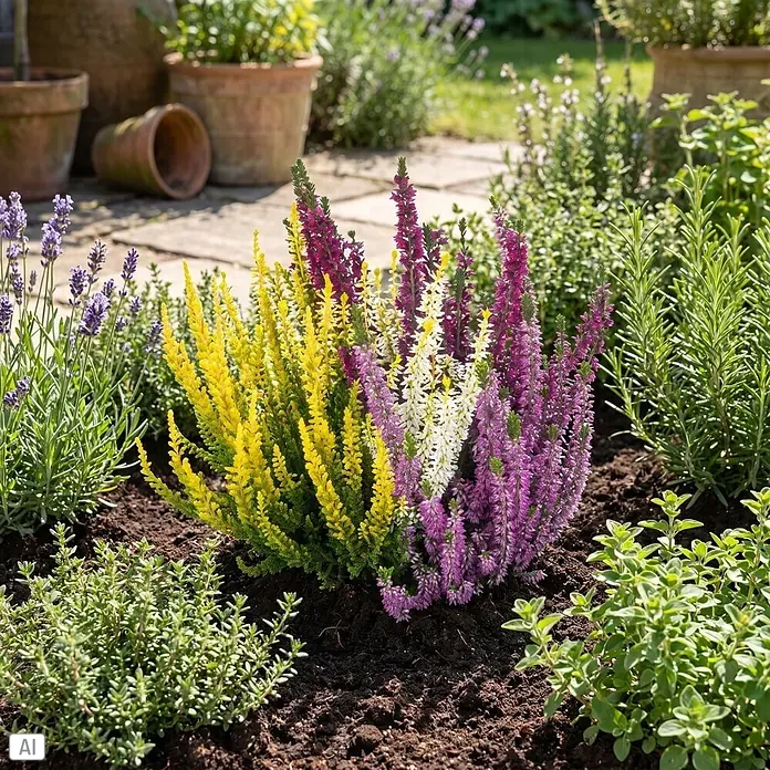 Piardino Besenheide Trio - Calluna vulgaris Trio, Topfgröße: 11 cm, Dreifarbig - Farbige Heidepflanzen in Gelb, Weiß und Lila, in reicher Erde gepflanzt mit Lavendel, Rosmarin, Thymian und Oregano in einem sonnigen Garten.