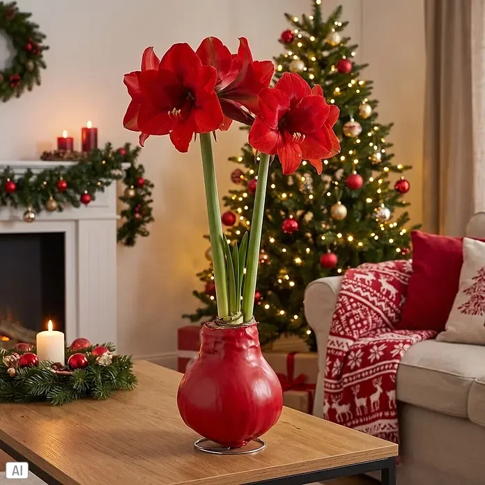 Piardino Amaryllis No Water Flowers Waxz® - Hippeastrum, Farbe Arrangement: Rot, Blütenfarbe: Rot - Rote Amaryllisblüten in einem festlichen roten Topf auf einem Holztisch, verschönern eine weihnachtlich dekorierte Wohnzimmerszene.