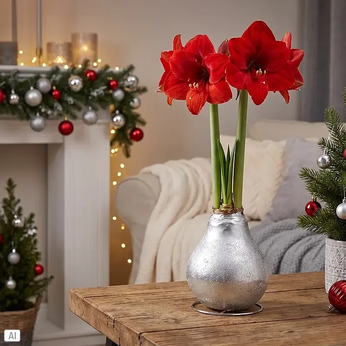 Piardino Amaryllis No Water Flowers Glitterz® - Hippeastrum, Farbe Arrangement: Silber Glitter, Blütenfarbe: Rot - Leuchtend rote Amaryllisblüten in einer schimmernden silbernen, birnenförmigen Vase, schmücken festliche Weihnachtsdekoration.
