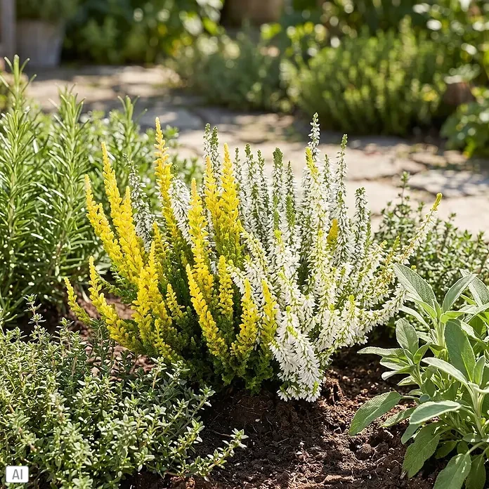 Piardino Besenheide Trio - Calluna vulgaris Trio, Topfgröße: 11 cm, Dreifarbig - Leuchtend gelbe und weiße Heidekräuter, umgeben von grünen Kräutern wie Rosmarin, Thymian und Salbei, gedeihen in einem sonnigen Garten.