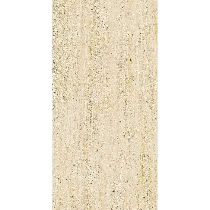 Feinsteinzeugfliese VIVA TRAVERTINO BEIGE – 60 x 120 cm, Travertinoptik, Mat -  - Cremefarbene Natursteintextur mit vertikalen Maserungen und Sprenkeln, geeignet für Oberflächenverkleidungen.