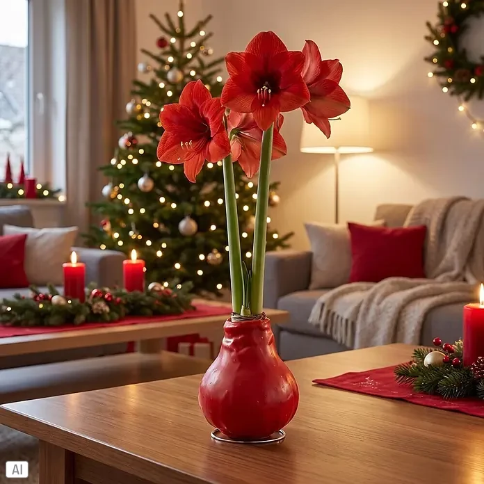 Piardino Amaryllis No Water Flowers Waxz® - Hippeastrum, Farbe Arrangement: Rot, Blütenfarbe: Rot - Leuchtend rote Amaryllis in passendem rotem Topf, als festlicher Mittelpunkt in einem gemütlichen, weihnachtlich dekorierten Wohnzimmer.
