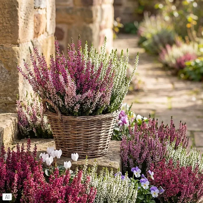 Piardino Besenheide Trio - Calluna vulgaris Trio, Topfgröße: 11 cm, Dreifarbig - Lebendige rosa, weiße und violette Heidekrautpflanzen in einem geflochtenen Weidenkorb auf Steinstufen im Garten.