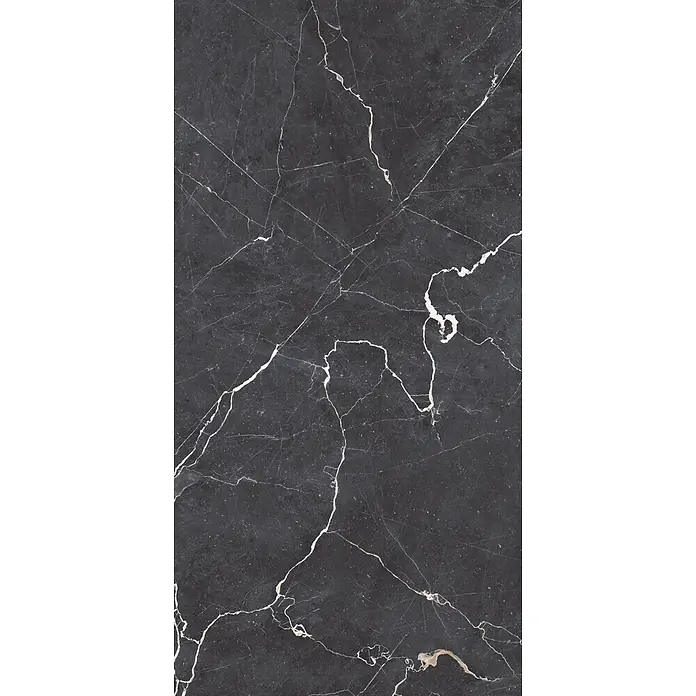 Feinsteinzeugfliese DRAPE NERO – 60 x 120 cm, Marmoroptik, Mat -  - Dunkelgraue Marmorstruktur mit ausgeprägten weißen und hellbraunen Äderungen.