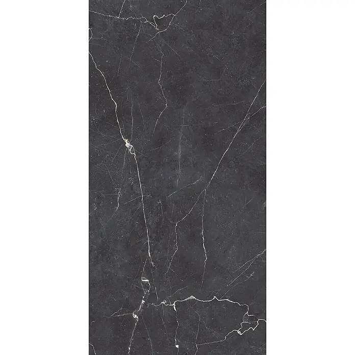 Feinsteinzeugfliese DRAPE NERO – 60 x 120 cm, Marmoroptik, Mat -  - Schwarzer Marmor mit intrikaten weißen und beigen Adern, ideal für elegante Böden oder Oberflächengestaltung.