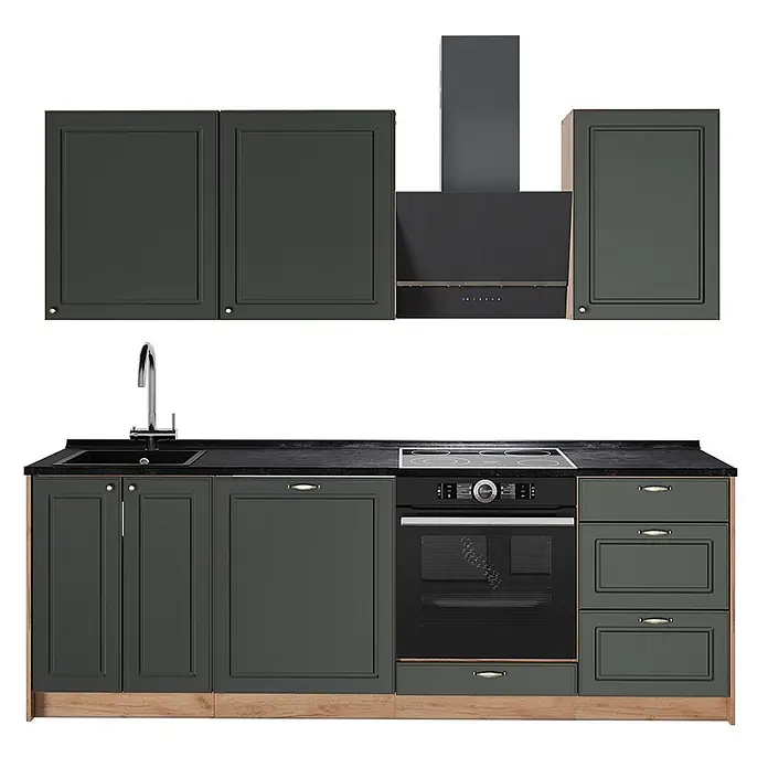 Vicco Küchenzeile Fame-Line, Grün-Gold Landhaus/Goldkraft Eiche, 230 cm -  - Komplette dunkelgraue Küchenzeile mit integrierten Geräten, schwarzer Arbeitsplatte, Spüle, Backofen, Kochfeld und Dunstabzugshaube, auf hellem Holzsockel.