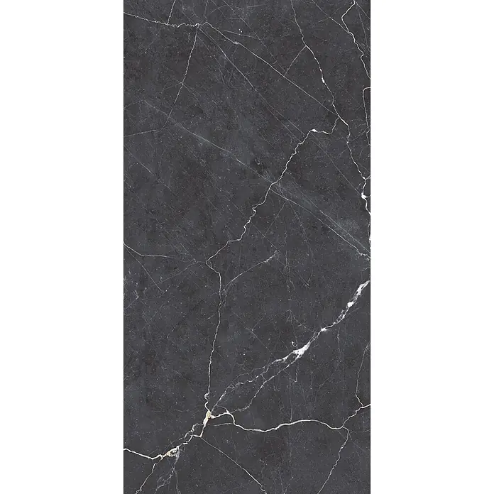 Feinsteinzeugfliese DRAPE NERO – 60 x 120 cm, Marmoroptik, Mat -  - Dunkelgraue Marmorplatte mit auffälliger weißer und hellbrauner Äderung, ideal für elegante Oberflächen.