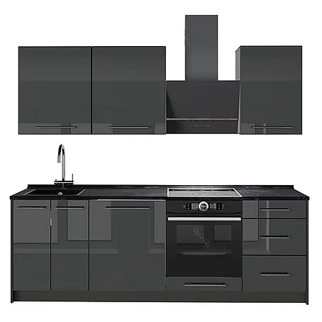 Vicco Küchenzeile Fame-Line, Anthrazit Hochglanz/Anthrazit, 230 cm
