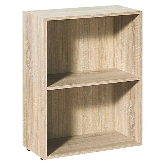 Regalux Holzregal Trio - H x B x T: 76,8 x 60 x 30,4 cm, Traglast pro Boden: 5 kg, Anzahl Böden: 1 Stk., Schrauben, Eiche - Abbildung eines hellen Holzregals mit zwei Fächern. Das Regal ist schlicht und funktional gestaltet.