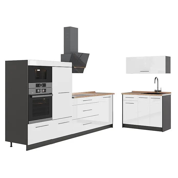 Küchenzeile Fame-Line 380 cm Weiß Hochglanz Art.-Nr. 64077 -  - Moderne modulare Küchenzeile in Weiß und Dunkelgrau, mit Einbaubackofen, Mikrowelle, Dunstabzugshaube und Spülenunterschrank mit heller Holzplatte.