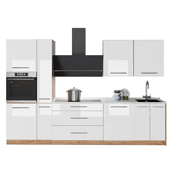 Vicco Küchenzeile - Breite: 310 cm, Weiß Hochglanz, Ohne Elektrogeräte - Glänzende weiße Küche mit schwarzem Backofen, Dunstabzugshaube, Kochfeld und Spüle, heller Holzbasis und marmorierter Arbeitsplatte. Mit Schränken und Schubladen.