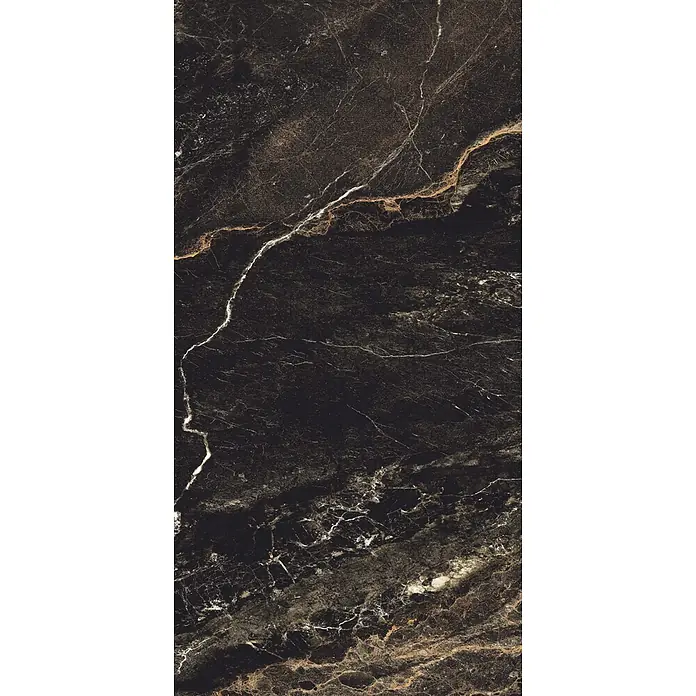 Feinsteinzeugfliese LYTHOS BLACK – 60 x 120 cm, Marmoroptik, Brillant -  - Elegantes schwarzes Marmor mit auffälliger weißer und goldener Maserung.