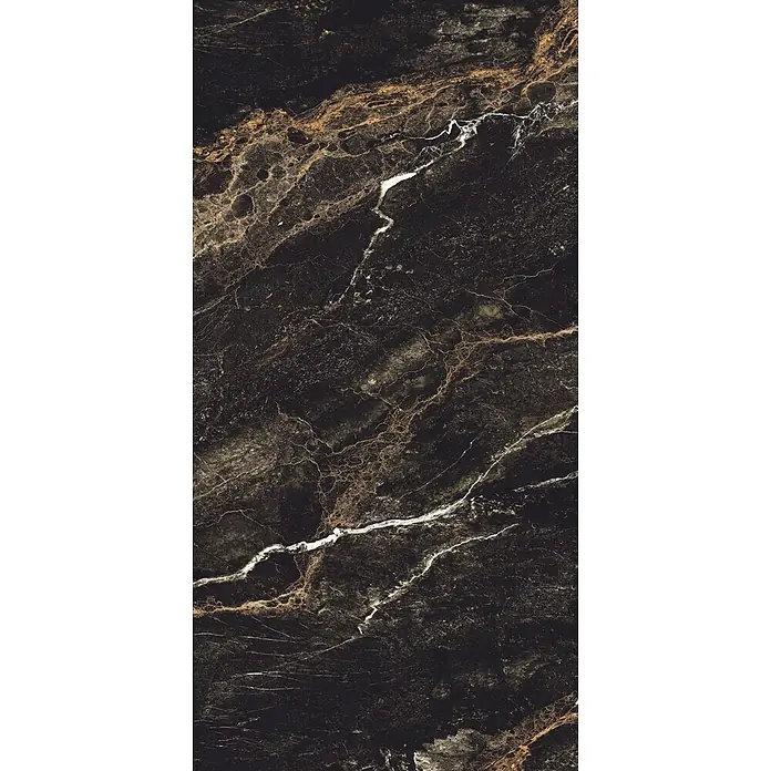 Feinsteinzeugfliese LYTHOS BLACK – 60 x 120 cm, Marmoroptik, Brillant -  - Schwarzer Marmor mit Gold- und Weißadern.