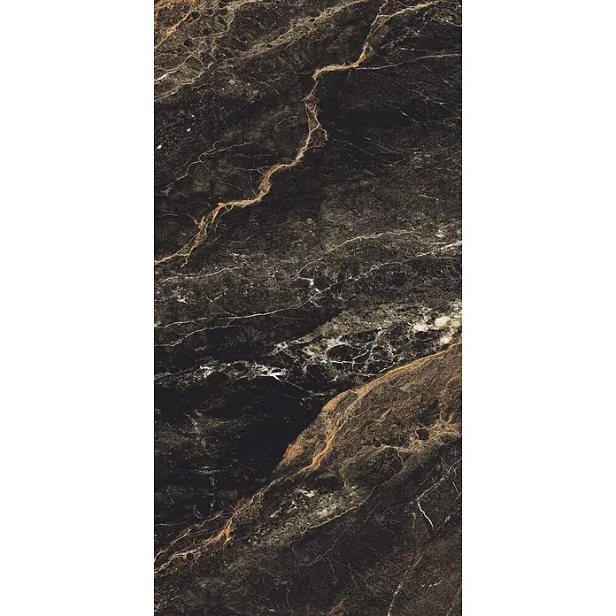 Feinsteinzeugfliese LYTHOS BLACK – 60 x 120 cm, Marmoroptik, Brillant -  - Schwarze Marmorplatte mit eleganten goldenen und weißen Adern.