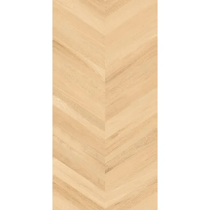 Feinsteinzeugfliese ROSEWOOD BEIGE – 60 x 120 cm, Holzoptik, Mat -  - Heller Holzboden mit Chevron-Muster und natürlicher Maserung.