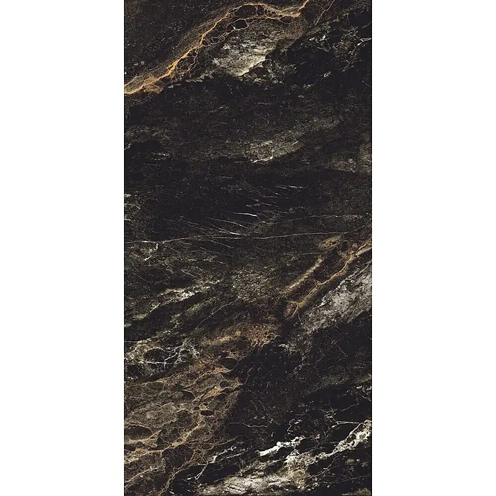 Feinsteinzeugfliese LYTHOS BLACK – 60 x 120 cm, Marmoroptik, Brillant -  - Schwarzer Marmor mit markanten goldenen und weißen Adern.