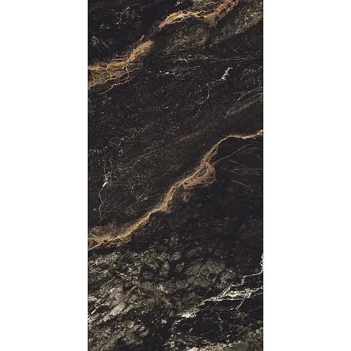 Feinsteinzeugfliese LYTHOS BLACK – 60 x 120 cm, Marmoroptik, Brillant -  - Dunkler Marmor mit markanten goldenen Äderungen für elegante Oberflächen.