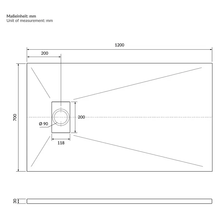 Duschwanne 120x70 cm Weiß mit Ablaufgarnitur aus SMC Höhe 30 mm -  - Technische Zeichnung einer rechteckigen Duschwanne, 1200x700x30 mm, mit mittigem 90mm Ablauf.
