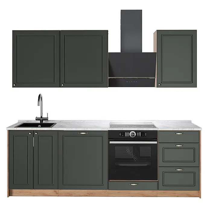 Vicco Küchenzeile Fame-Line, Grün-Gold Landhaus/Goldkraft Eiche, 230 cm -  - Dunkelgrüne Küchenschränke mit weißer Marmor-Arbeitsplatte, schwarzen Geräten (Ofen, Kochfeld, Spüle, Dunstabzug) und hellem Holzsockel.