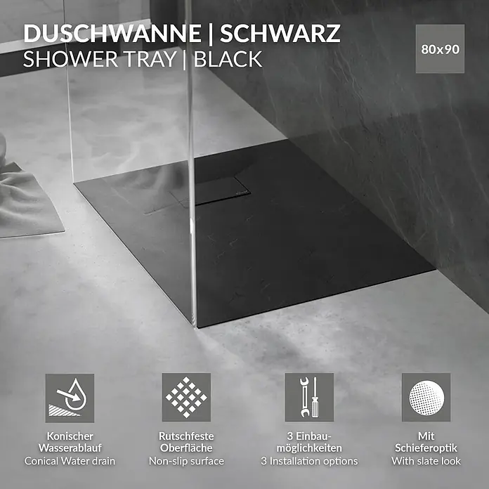 Duschwanne 90x80 cm Schwarz mit Ablaufgarnitur aus SMC Höhe 30 mm -  - Schwarze 80x90 cm Duschwanne in Schieferoptik, mit rutschfester Oberfläche und konischem Ablauf, in Duschkabine.