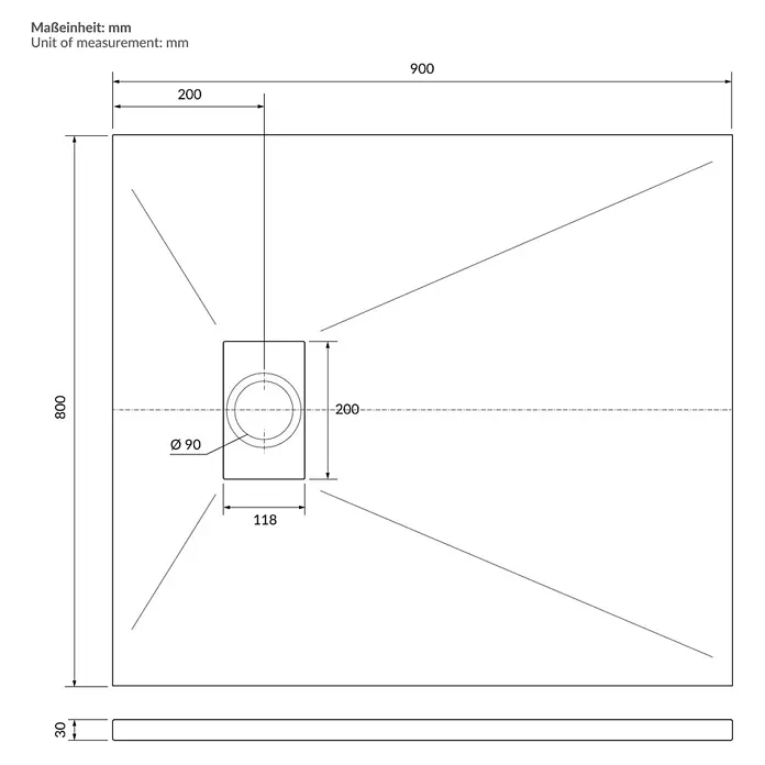 Duschwanne 90x80 cm Weiß mit Ablaufgarnitur aus SMC Höhe 30 mm -  - Rechteckige Duschwanne, 900x800mm, 30mm dick, mit mittigem Ø90mm Ablauf und geneigter Oberfläche.