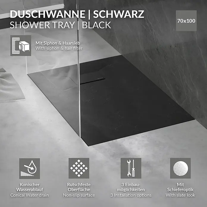 Duschwanne 100x70 cm Schwarz mit Ablaufgarnitur aus SMC Höhe 30 mm -  - Duschwanne in Schwarz mit Schieferoptik, rutschfester Oberfläche, konischem Wasserablauf, Siphon und Haarsieb.