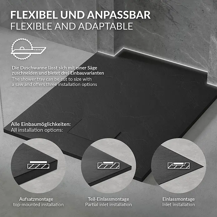 Duschwanne 100x70 cm Schwarz mit Ablaufgarnitur aus SMC Höhe 30 mm -  - Dunkelgraue Duschwanne, die ihre Anpassungsfähigkeit beim Zuschneiden und drei Installationsoptionen zeigt: Aufsatz-, Teileinlass- und Einlassmontage.