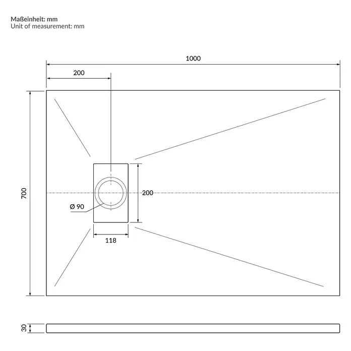 Duschwanne 100x70 cm Schwarz mit Ablaufgarnitur aus SMC Höhe 30 mm -  - Technische Zeichnung einer rechteckigen Duschwanne, 1000x700mm, 30mm dick, mit einem mittigen Ø90mm Ablauf.