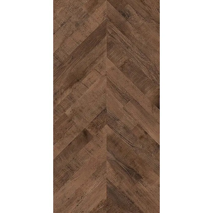 Feinsteinzeugfliese FISHWOOD CERISIER – 60 x 120 cm, Holzoptik, Mat -  - Dunkelbrauner, rustikaler Holzboden im Fischgrätmuster.