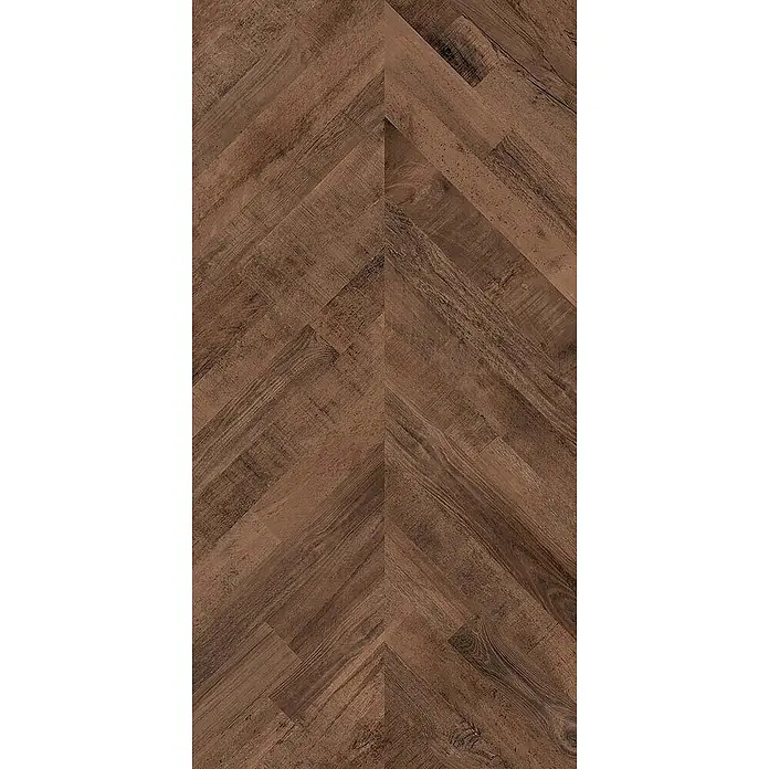 Feinsteinzeugfliese FISHWOOD CERISIER – 60 x 120 cm, Holzoptik, Mat -  - Dunkelbrauner, rustikaler Holzboden mit Fischgrätmuster.