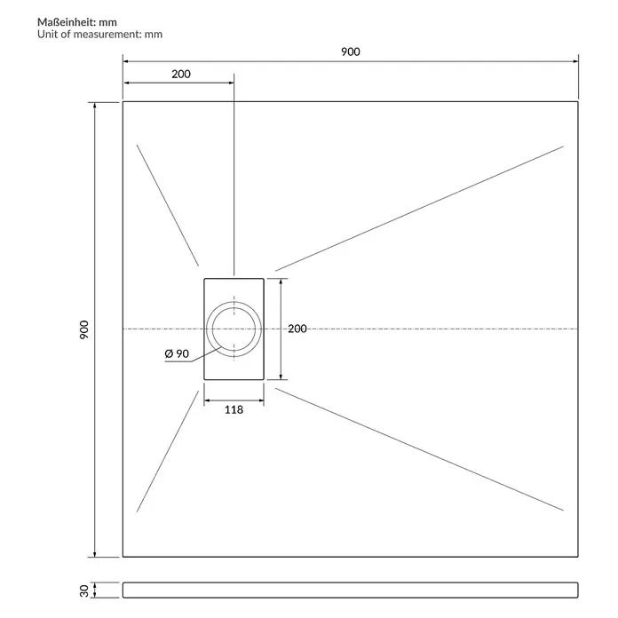 Duschwanne 90x90 cm Weiß mit Ablaufgarnitur aus SMC Höhe 30 mm -  - Technische Zeichnung einer 900x900x30 mm Duschwanne mit zentralem 90 mm Abfluss.