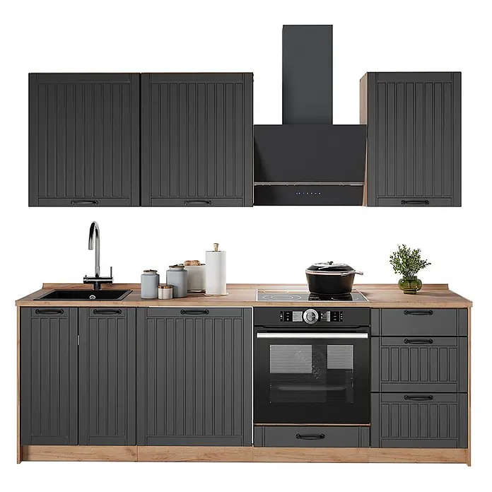 Vicco Küchenzeile Fame-Line, Dunkelgrau/Goldkraft Eiche, 230 cm -  - Dunkelgraue Küchenmöbel mit vertikalen Latten, hellem Holzdekor, Spüle, Backofen, Kochfeld und Dunstabzugshaube.