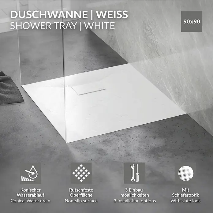 Duschwanne 90x90 cm Weiß mit Ablaufgarnitur aus SMC Höhe 30 mm -  - Weiße 90x90 Duschwanne mit Schieferoptik und rutschfester Oberfläche, mit linearem Ablaufdeckel.