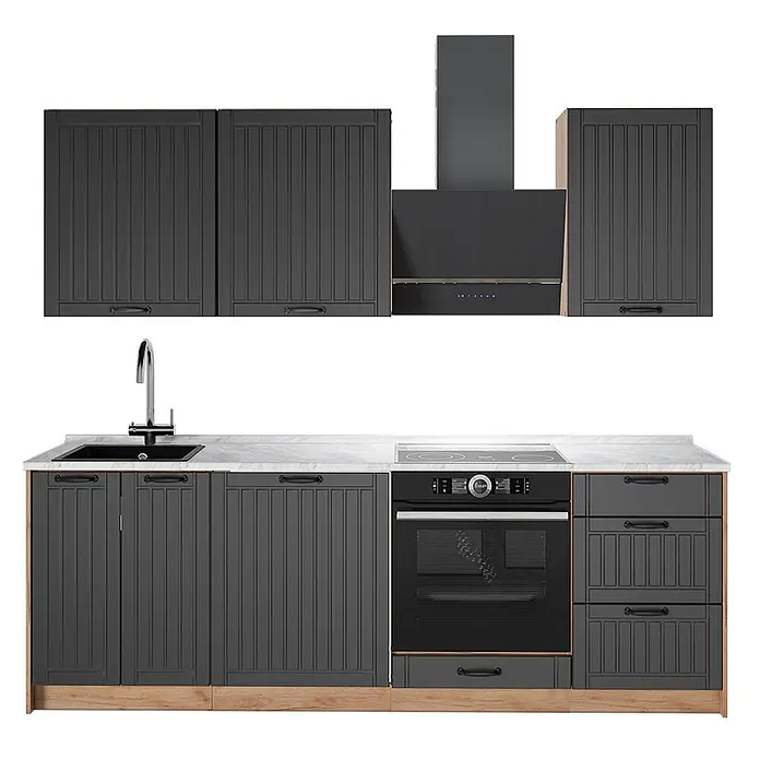 Vicco Küchenzeile Fame-Line, Dunkelgrau/Goldkraft Eiche, 230 cm -  - Dunkelgraue Küchenschrank-Garnitur mit Lamellentüren, hellem Holzsockel, weißer Arbeitsplatte, Spüle, Kochfeld, Ofen und Dunstabzugshaube.