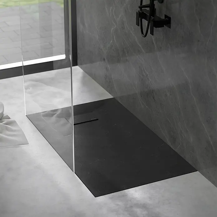LuxeBath Duschwannen-Set Rechteckige 120x90 cm mit Siphon ,Höhe 30 mm ,extra flache - L x B: 120 x 90 cm, Verbundwerkstoff, Schwarz, Ablaufgarnitur - Schwarze, strukturierte Duschwanne mit integriertem Linienablauf in moderner Duschkabine mit Glaswand.