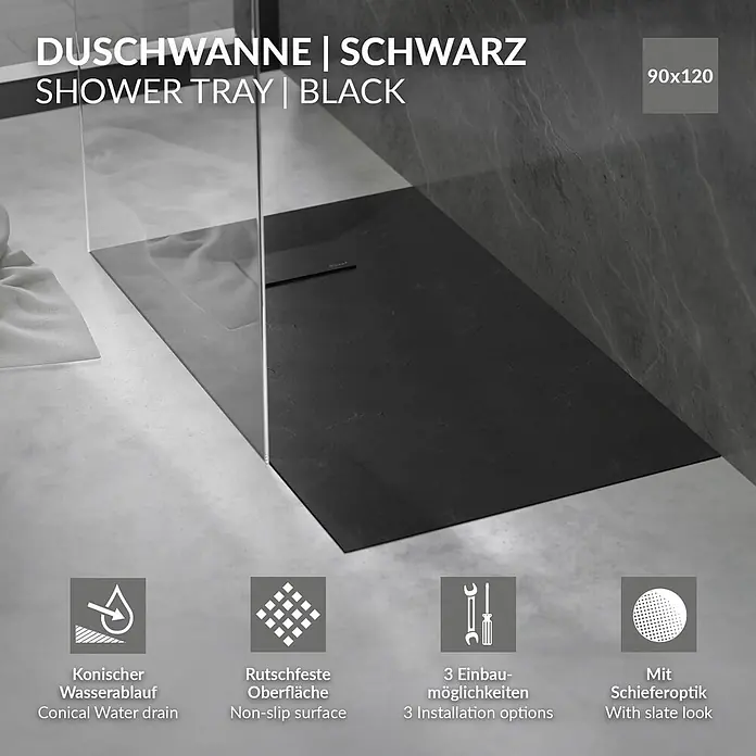 LuxeBath Duschwannen-Set Rechteckige 120x90 cm mit Siphon ,Höhe 30 mm ,extra flache - L x B: 120 x 90 cm, Verbundwerkstoff, Schwarz, Ablaufgarnitur - Schwarze Duschwanne (90x120 cm) mit Schieferoptik, konischem Ablauf und rutschfester Oberfläche, in einem Badezimmer.