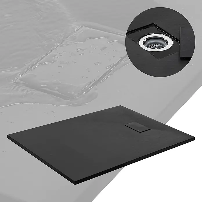 LuxeBath Duschwannen-Set Rechteckige 120x90 cm mit Siphon ,Höhe 30 mm ,extra flache - L x B: 120 x 90 cm, Verbundwerkstoff, Schwarz, Ablaufgarnitur - Dunkle, strukturierte Duschwanne mit integriertem Ablauf. Detailansicht des Ablaufs.