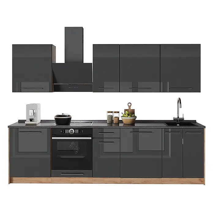 Vicco Küchenzeile - Breite: 280 cm, Anthrazit Hochglanz, Ohne Elektrogeräte - Moderne dunkelgraue Hochglanz-Modulküche mit integrierten Geräten, dunkler Arbeitsplatte und hellem Holzsockel.