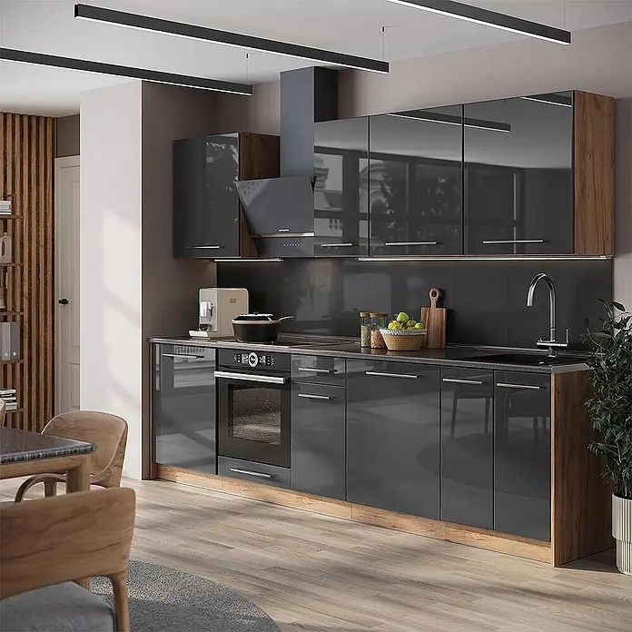 Vicco Küchenzeile - Breite: 280 cm, Anthrazit Hochglanz, Ohne Elektrogeräte - Moderne Küche mit dunkelgrauen Hochglanzschränken, Holzelementen, integriertem Backofen und Spüle.