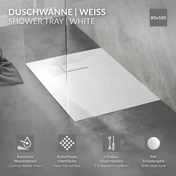 Duschwanne 100x80 cm Weiß mit Ablaufgarnitur aus SMC Höhe 30 mm -  - Weiße Duschwanne in Schieferoptik, 80x100 cm.