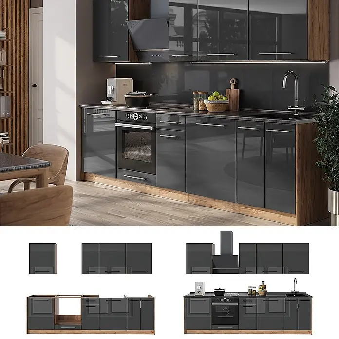 Vicco Küchenzeile - Breite: 280 cm, Anthrazit Hochglanz, Ohne Elektrogeräte - Moderne dunkelgraue Hochglanz-Küchenzeile mit Holzdetails, integriertem Backofen, Kochfeld und Spüle in heller Küche.