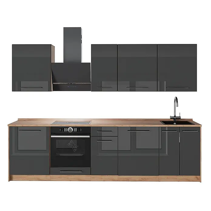 Vicco Küchenzeile - Breite: 280 cm, Anthrazit Hochglanz, Ohne Elektrogeräte - Moderne Küche mit hochglänzenden dunkelgrauen Schränken, heller Holztheke, integriertem Ofen, Kochfeld, Spüle und Dunstabzugshaube.