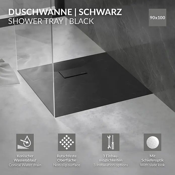Duschwanne 100x90 cm Schwarz mit Ablaufgarnitur aus SMC Höhe 30 mm -  - Schwarze 90x100 Duschwanne in Schieferoptik mit rutschfester Oberfläche.